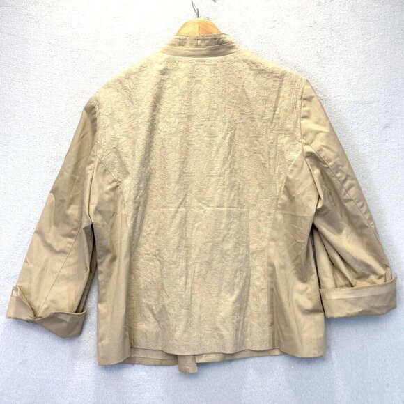 Chico's Size 2 (Large 12) Textured Open Front Jacket Tan Beige Cuffed 3/4 Sleeve - Picture 2 of 16